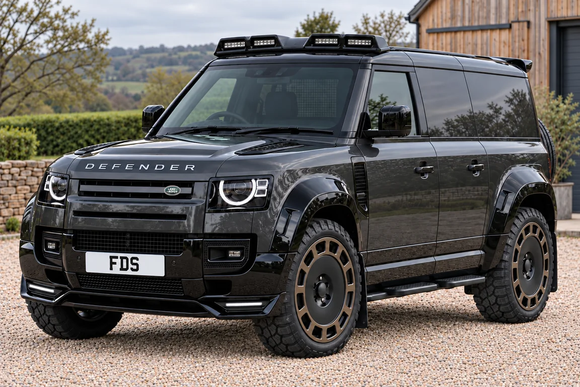 Defender 110 Elite in Carpathian Grey with Stage 2 extended arches, black-and-bronze wheels and all-terrain tyres. Illustrative exterior view.